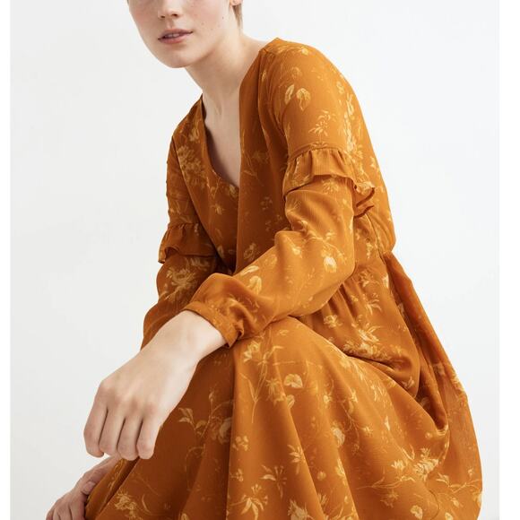 Madewell Ruffle-Sleeve Button-Front Dress Tonal Botanical Orange Floral Maxi 4 - Picture 4 of 10
